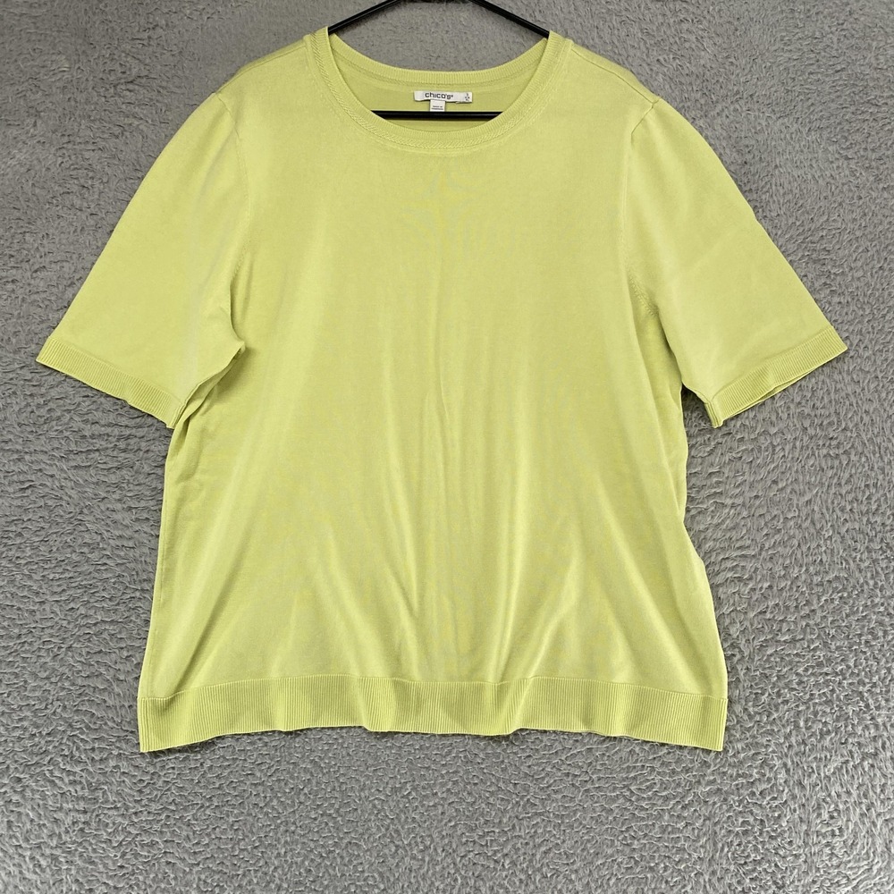 Chicos Knit T-Shirt Womens XL Chartreuse Short Sleeve Crew Neck Sweater